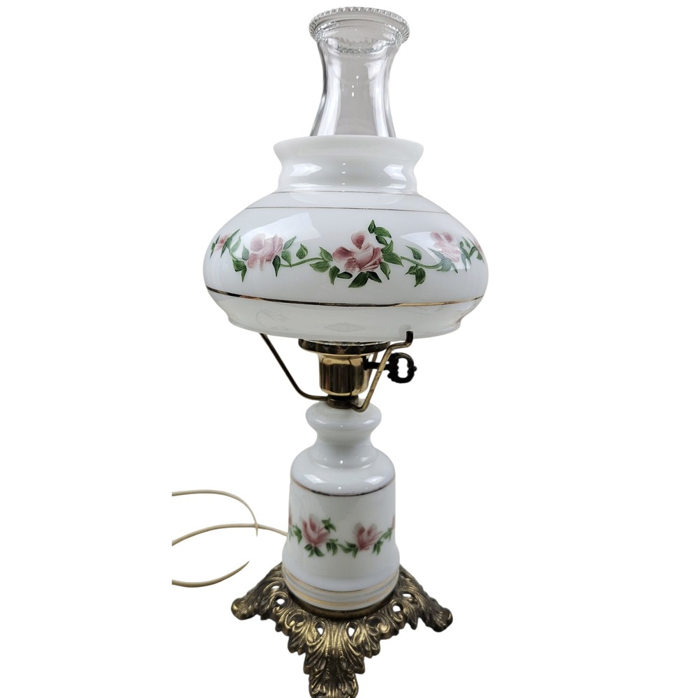 Vintage Milk Glass Hurricane Lamp Pink Rose Floral Gold Trim 3Way Electric 17.5"